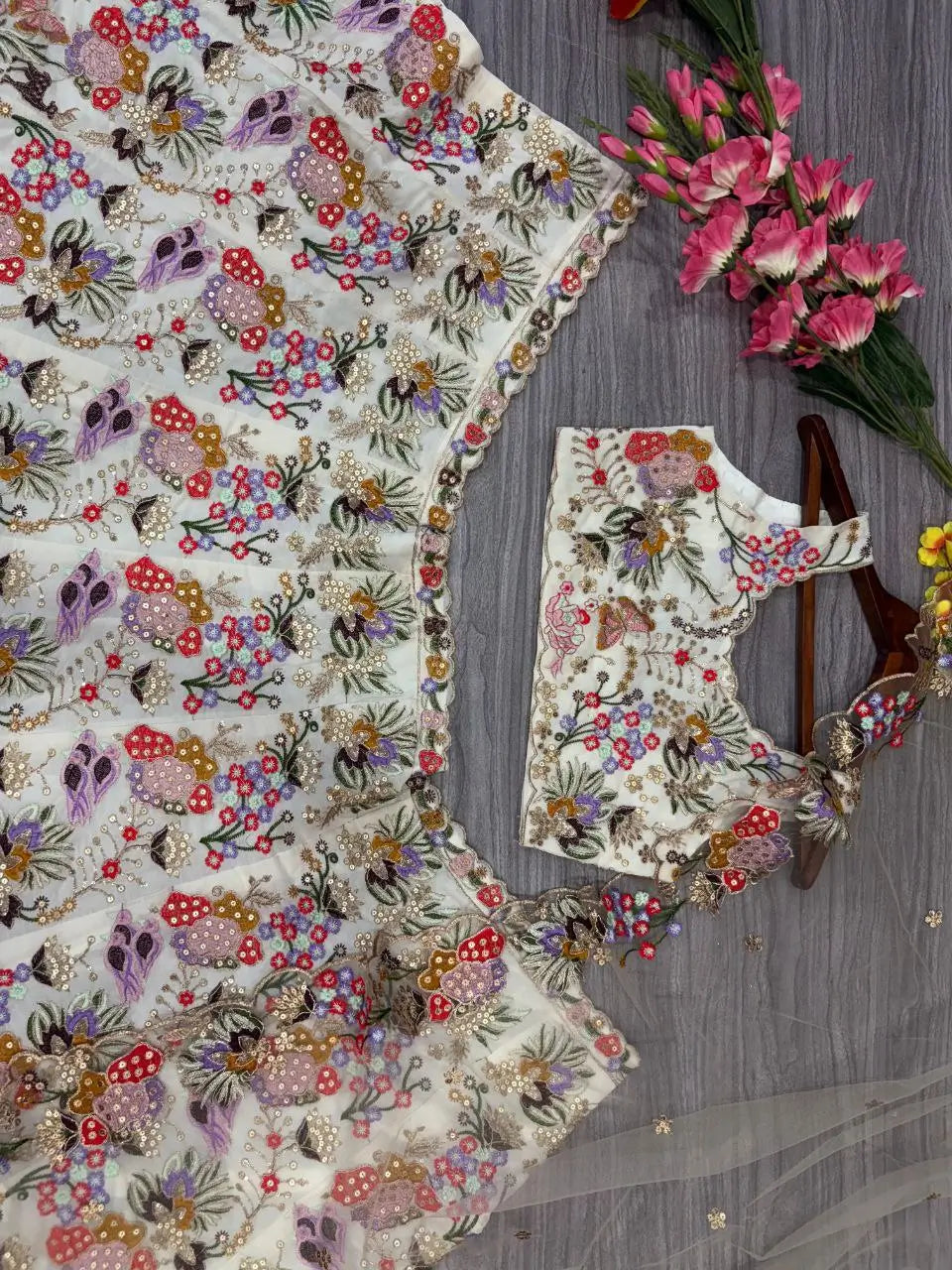 Multi Color Georgette Lehenga With Thread Embroidery Coding Zari Heavy Sequins Work | Ready To Wear - qivii