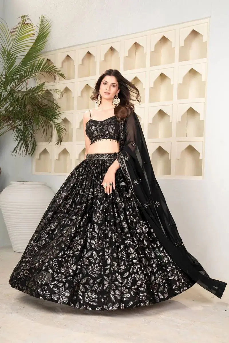 Black Georgette lehenga Embellished With Embroidery And Heavy Sequins Work | Ready To Wear - qivii