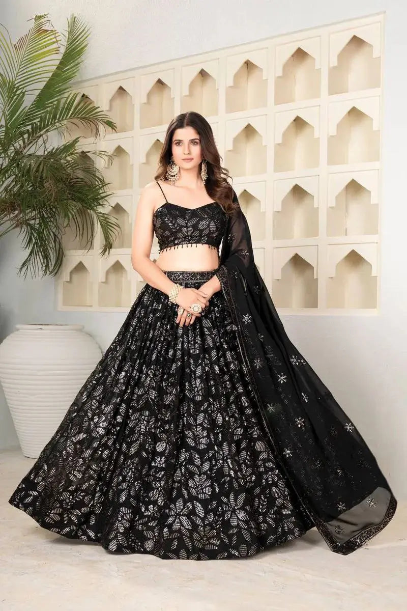 Black Georgette lehenga Embellished With Embroidery And Heavy Sequins Work | Ready To Wear - qivii