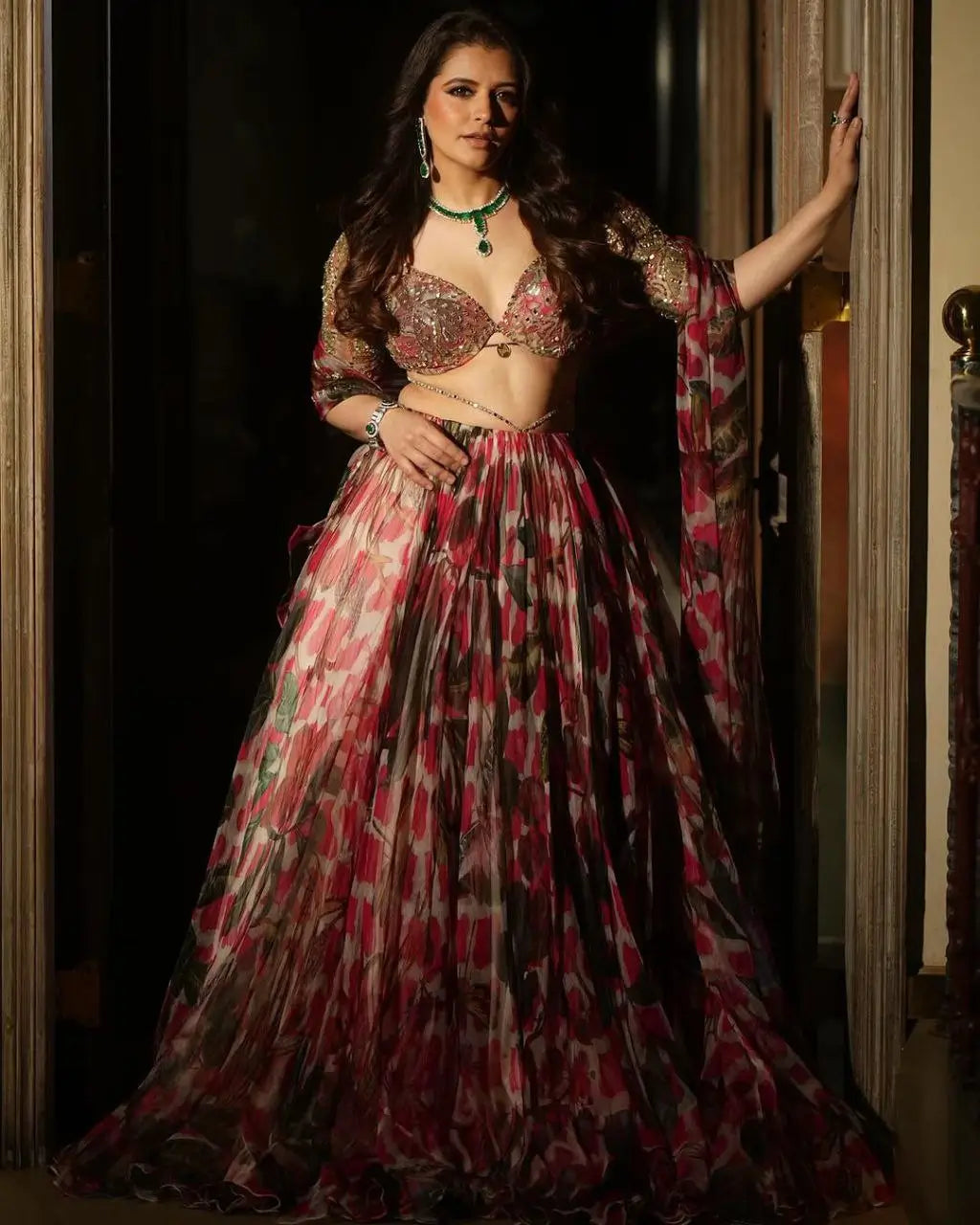 Cherry Pink Organza Floral Print Lehenga With Heavy Embroidery And Sequins Work | Ready To Wear - qivii