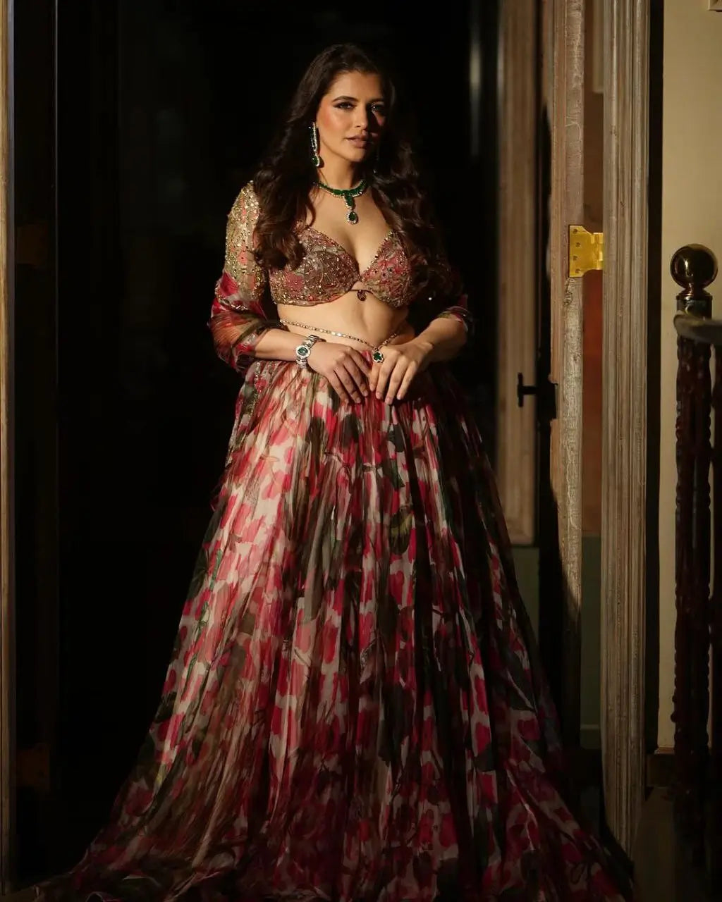 Cherry Pink Organza Floral Print Lehenga With Heavy Embroidery And Sequins Work | Ready To Wear - qivii