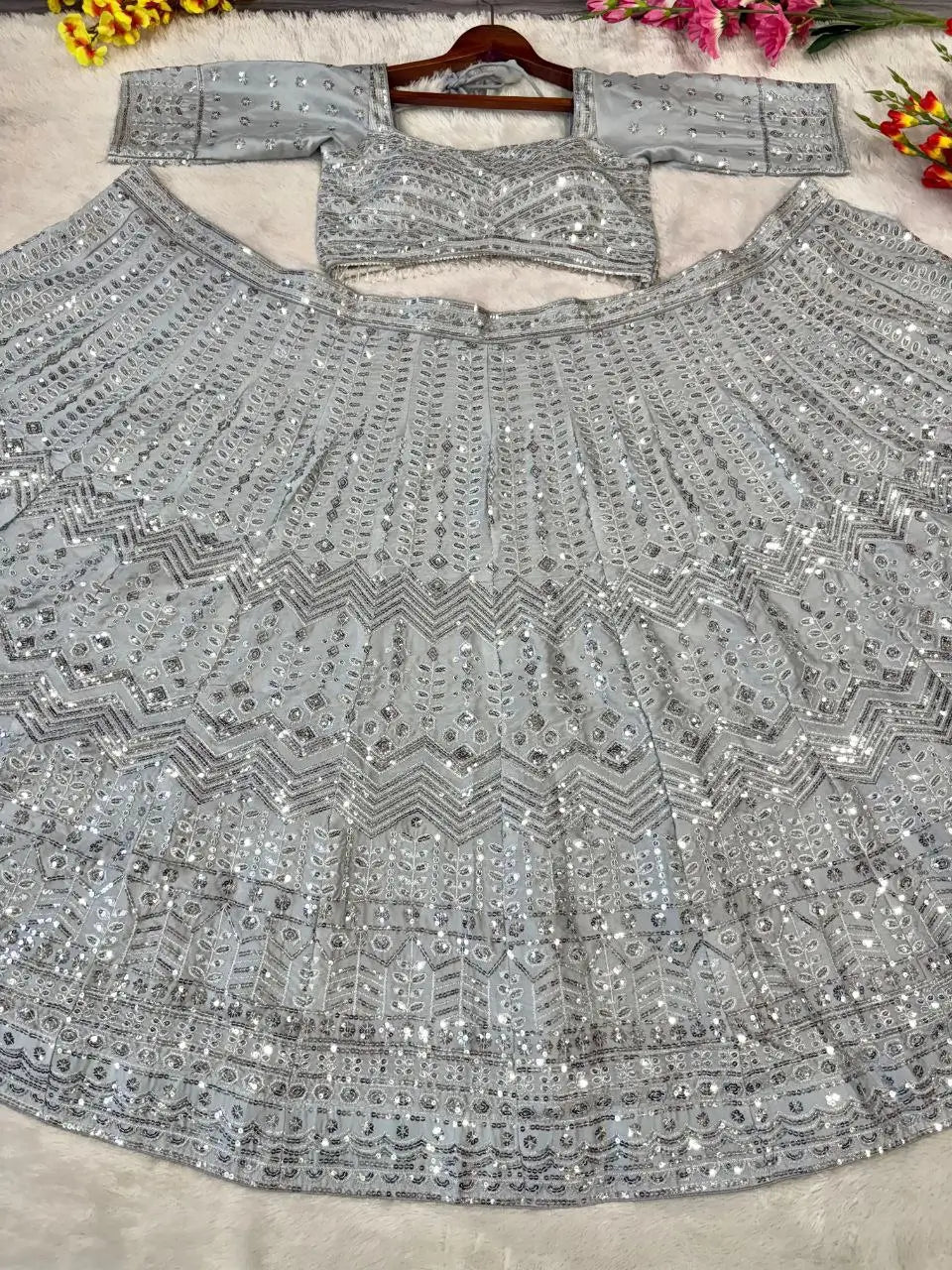 Silver Silk Lehenga With Beautiful Embroidery Zari And Heavy Sequins Work | Ready To Wear - qivii