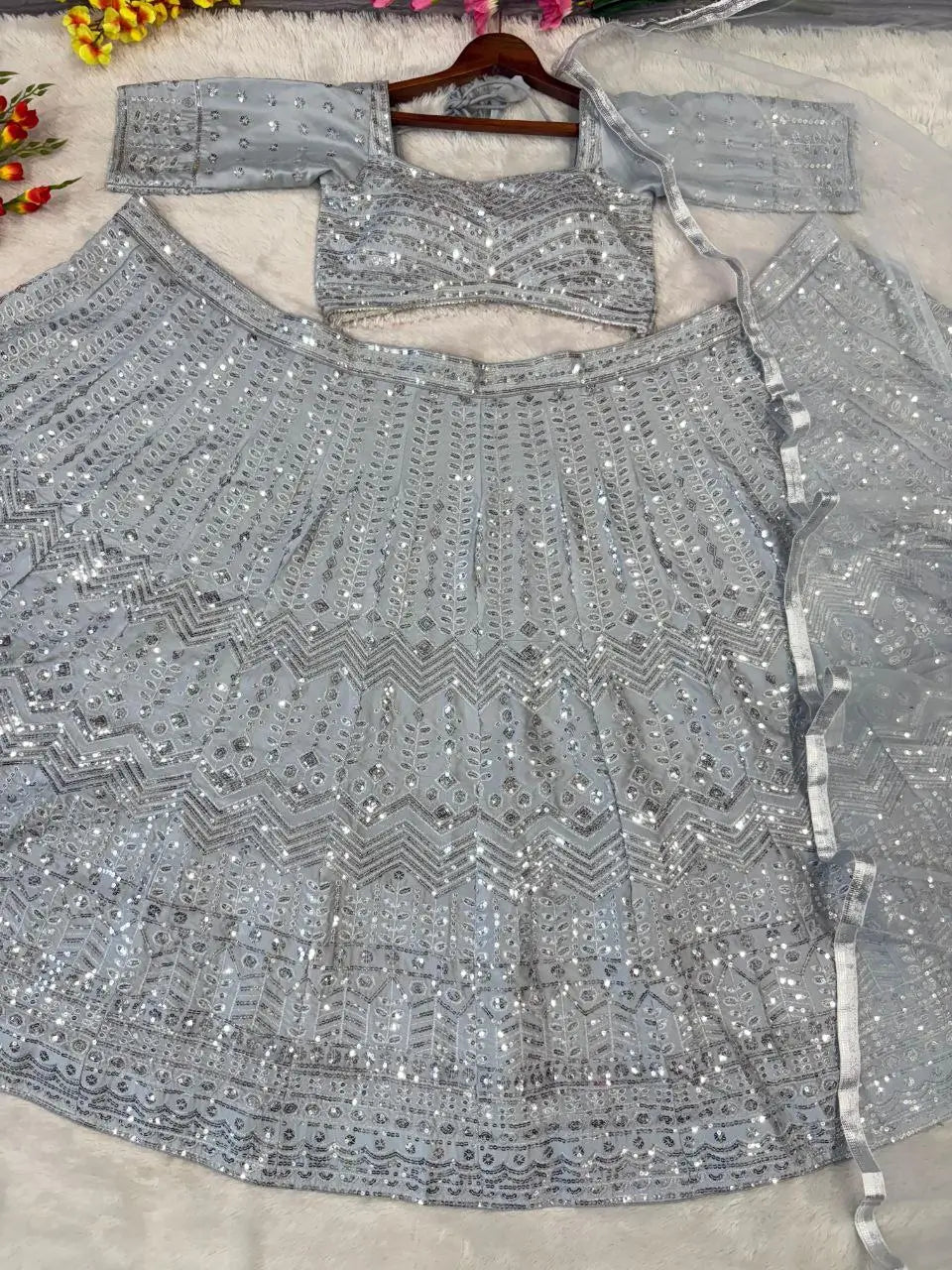 Silver Silk Lehenga With Beautiful Embroidery Zari And Heavy Sequins Work | Ready To Wear - qivii