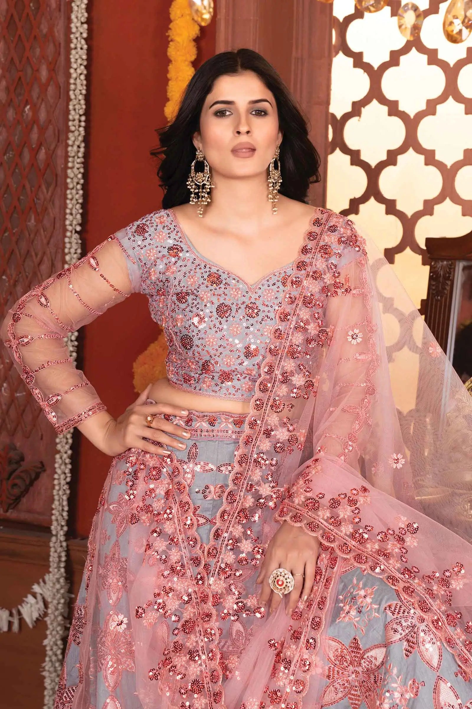 Grey And Peach Mulberry Silk Lehenga With Thread Sequins Embroidery Work - qivii