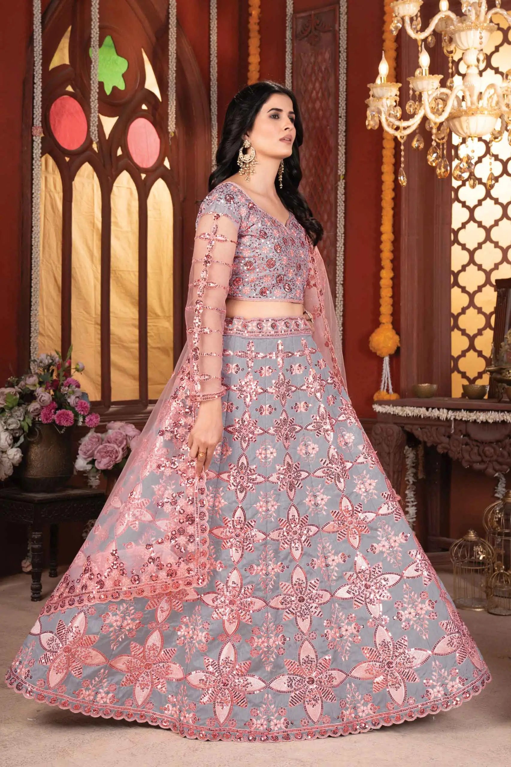 Grey And Peach Mulberry Silk Lehenga With Thread Sequins Embroidery Work - qivii