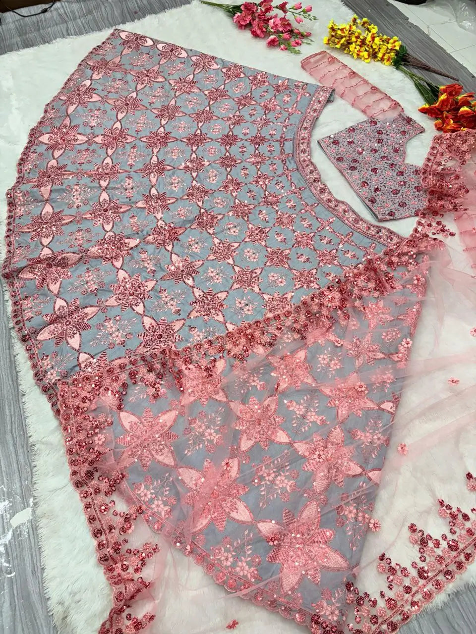 Grey And Peach Mulberry Silk Lehenga With Thread Sequins Embroidery Work - qivii