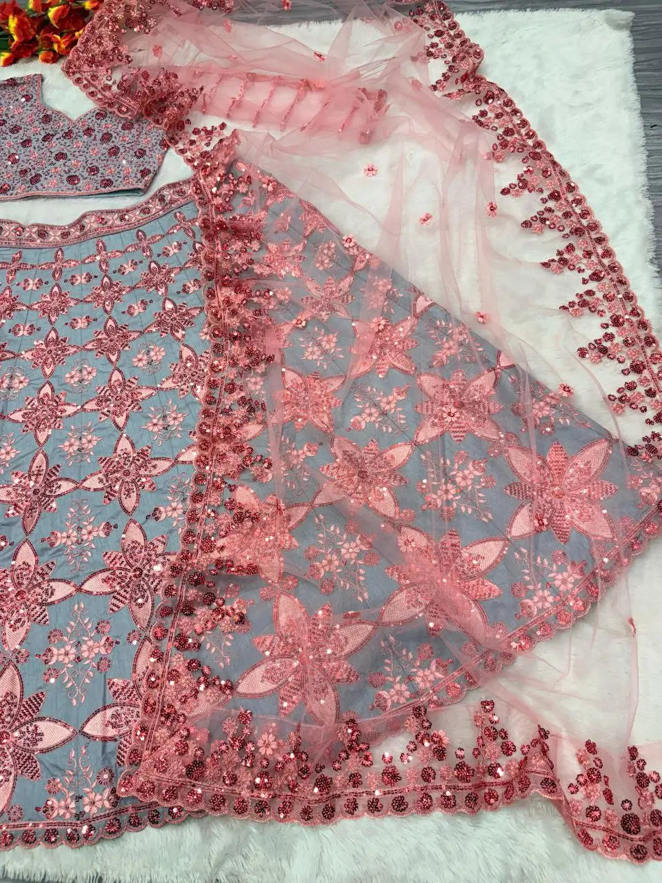 Grey And Peach Mulberry Silk Lehenga With Thread Sequins Embroidery Work - qivii