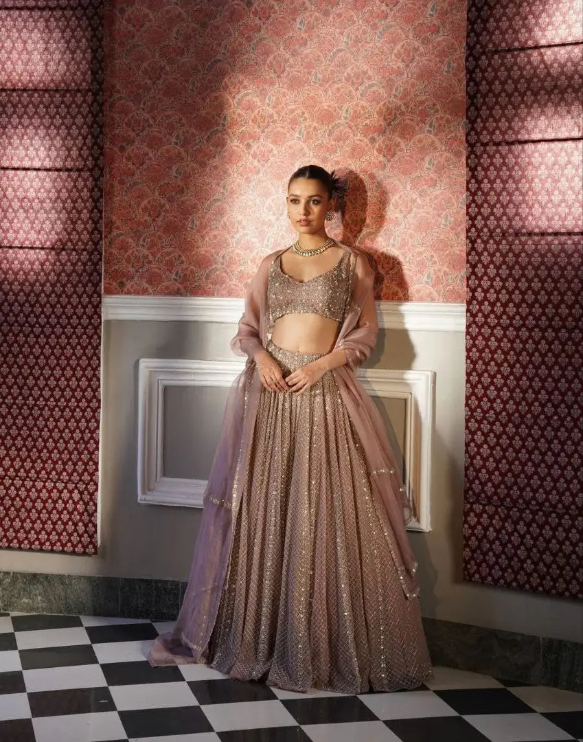 Rosy Brown Georgette Lehenga With Zari Heavy Sequins Work - qivii