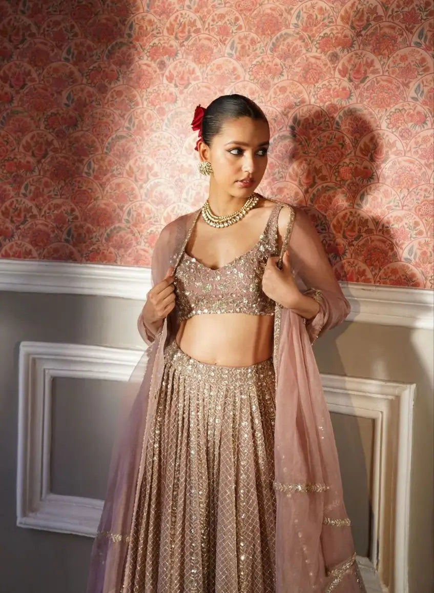 Rosy Brown Georgette Lehenga With Zari Heavy Sequins Work - qivii