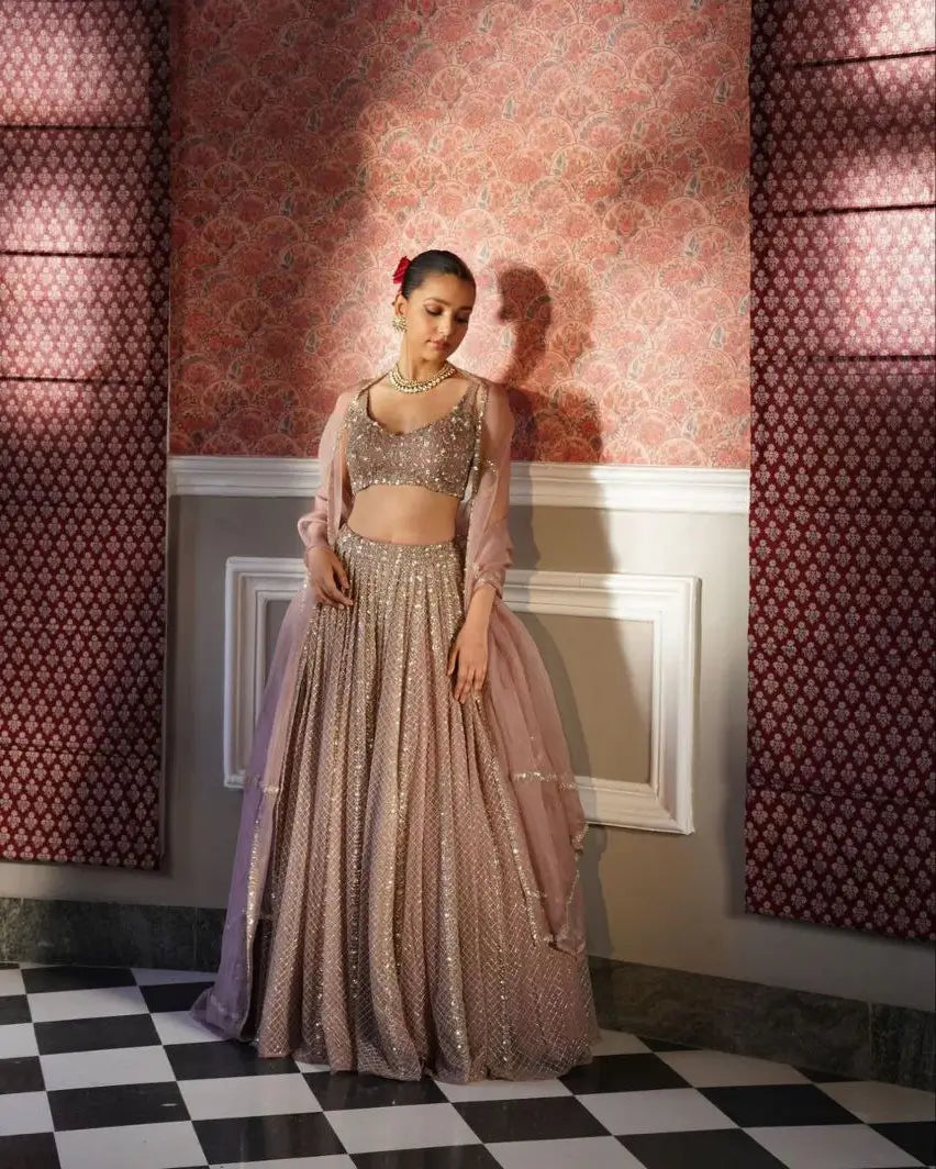 Rosy Brown Georgette Lehenga With Zari Heavy Sequins Work - qivii