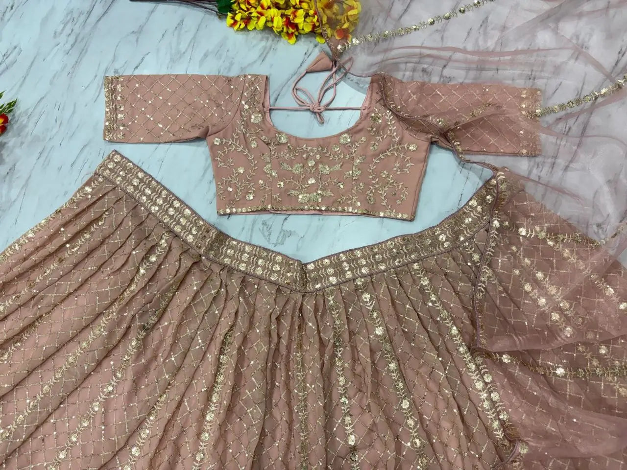 Rosy Brown Georgette Lehenga With Zari Heavy Sequins Work - qivii