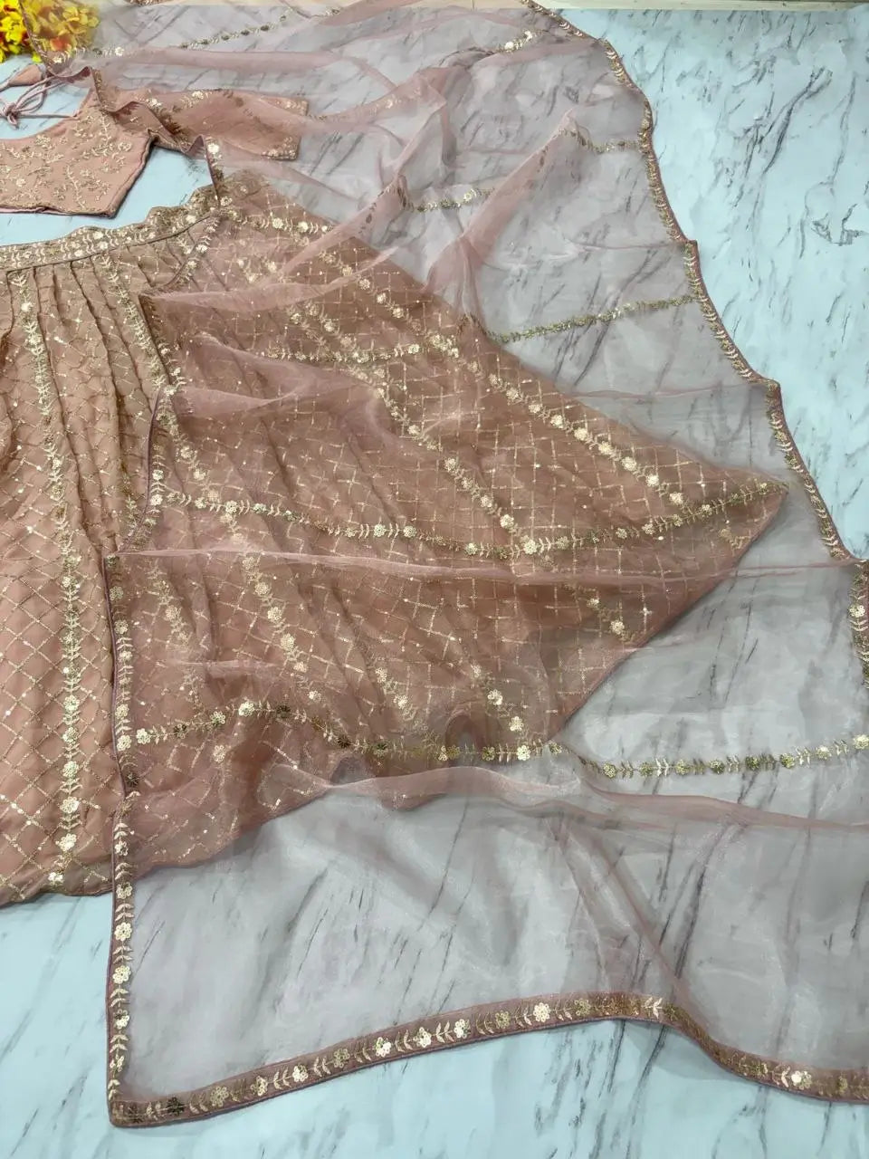 Rosy Brown Georgette Lehenga With Zari Heavy Sequins Work - qivii