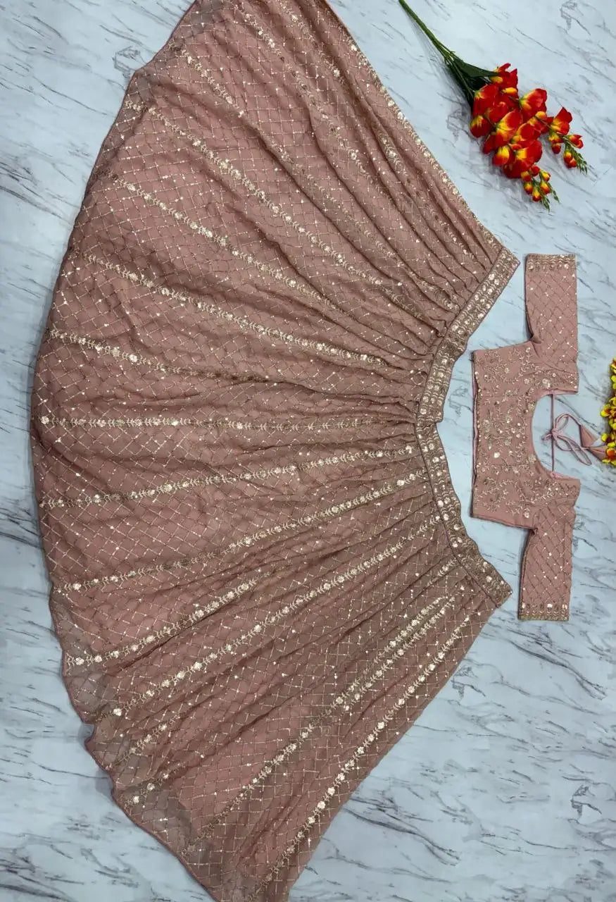 Rosy Brown Georgette Lehenga With Zari Heavy Sequins Work - qivii