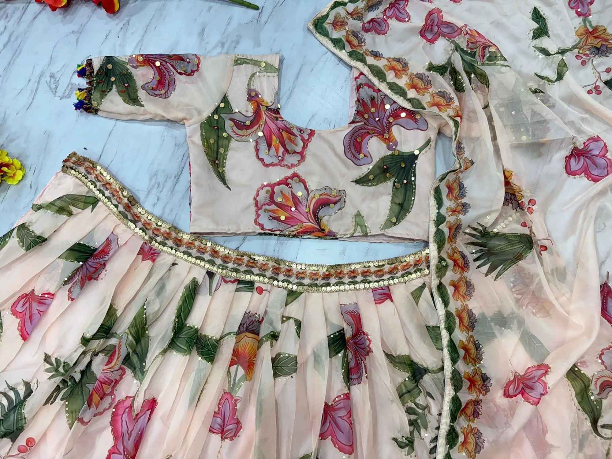 Light Beige Floral Print With Beautiful Hand Work Party Wear Lehenga - qivii