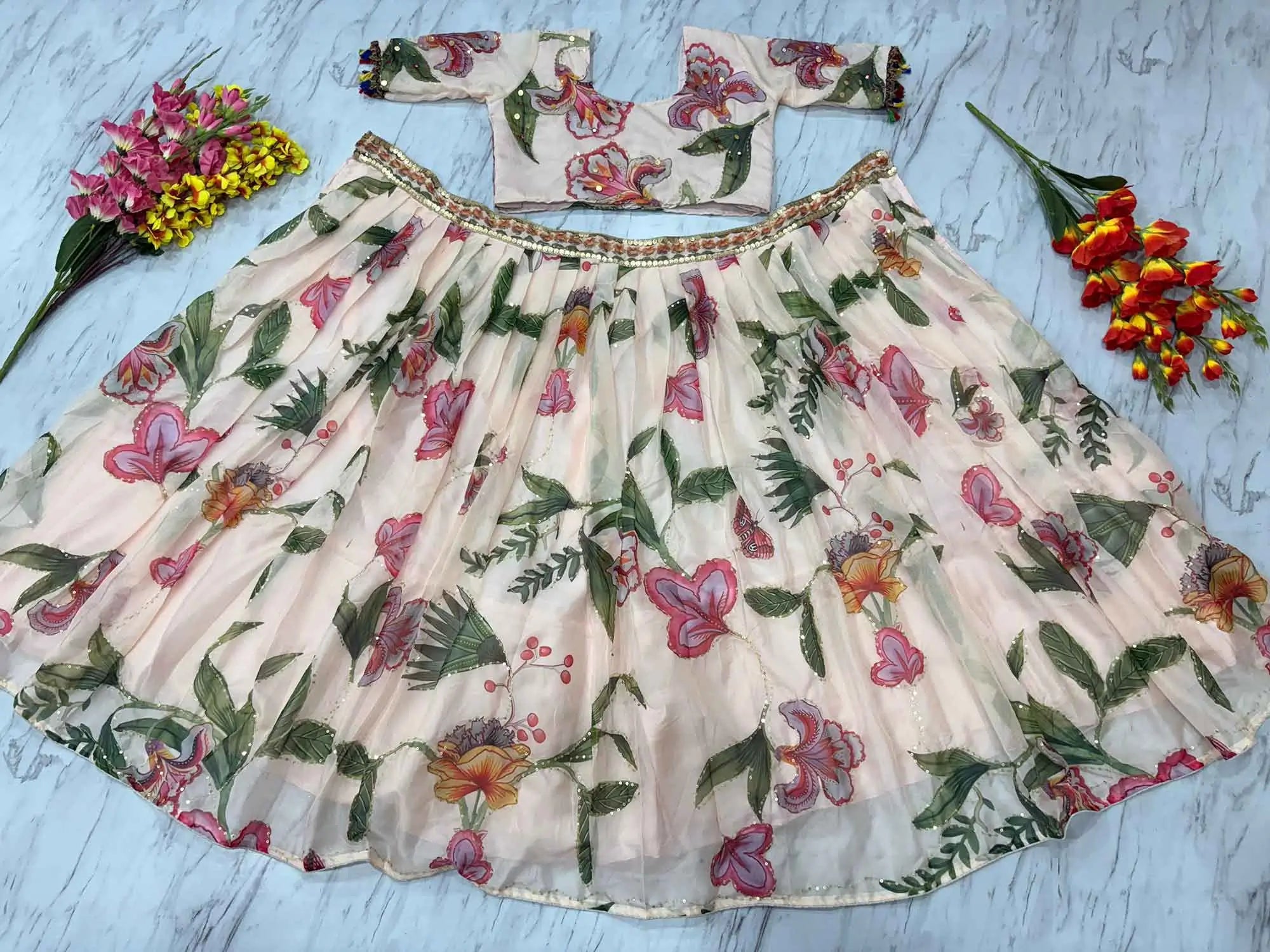 Light Beige Floral Print With Beautiful Hand Work Party Wear Lehenga - qivii