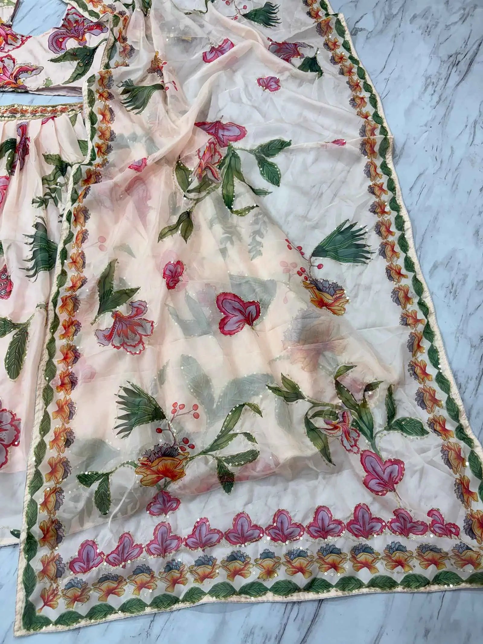 Light Beige Floral Print With Beautiful Hand Work Party Wear Lehenga - qivii