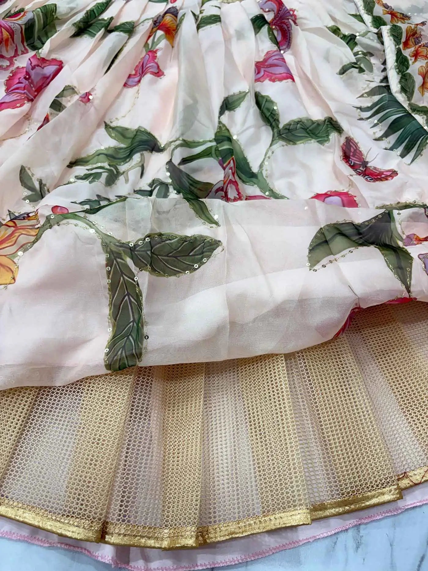 Light Beige Floral Print With Beautiful Hand Work Party Wear Lehenga - qivii