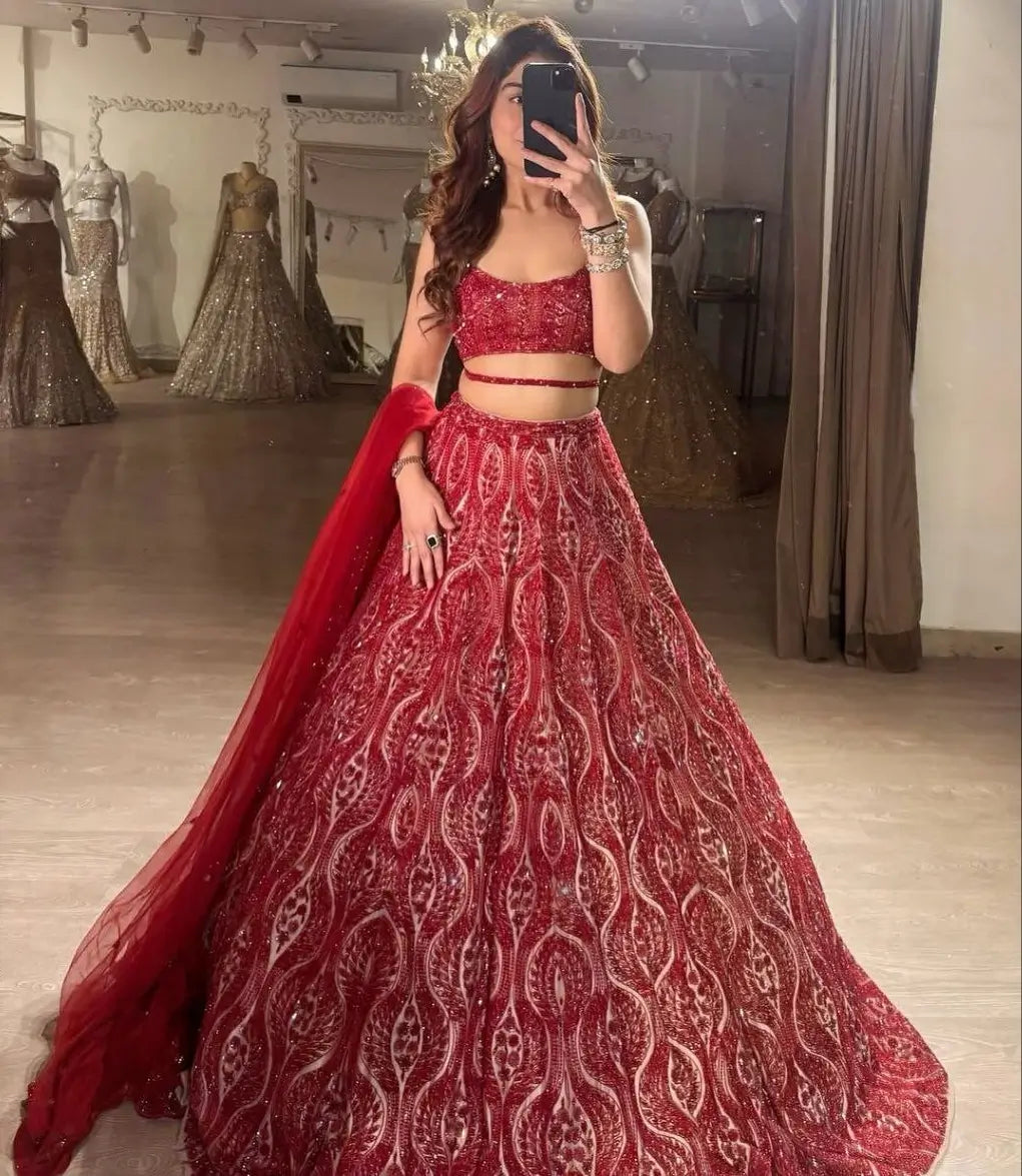 Red Sequins Coding Embroidery Work Soft Net Party Wear Lehenga - qivii