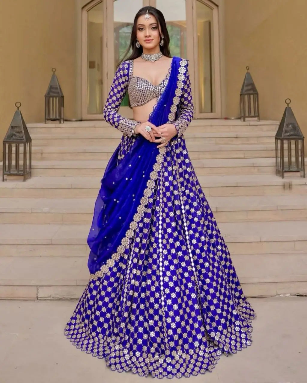 Royal Blue Coding And Heavy Foil Mirror Work Party Wear Lehenga - qivii