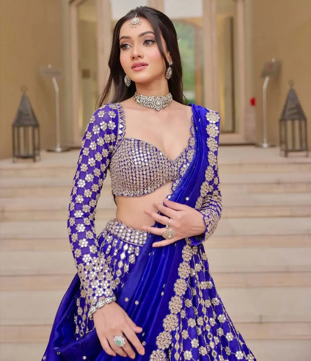 Royal Blue Coding And Heavy Foil Mirror Work Party Wear Lehenga - qivii