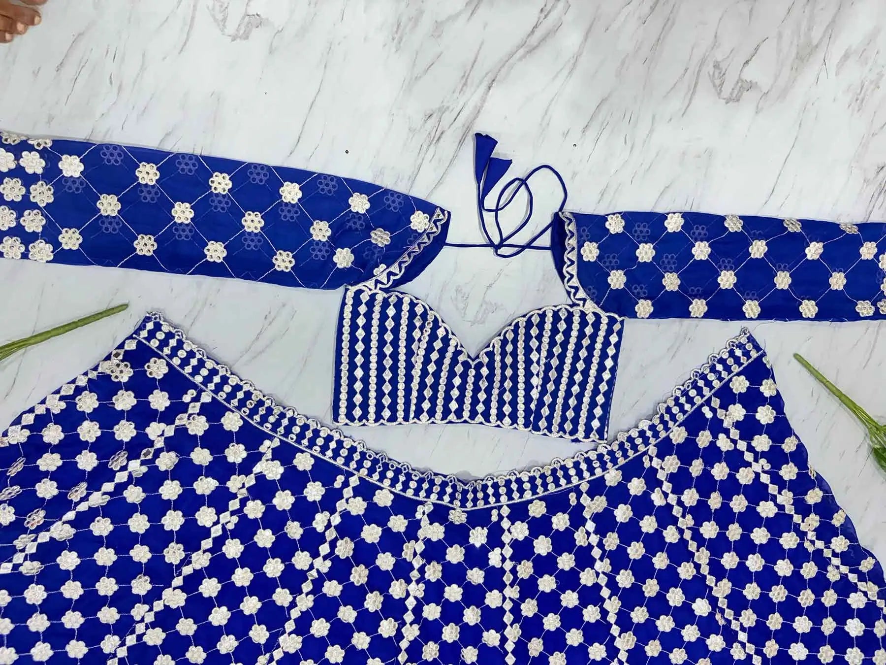 Royal Blue Coding And Heavy Foil Mirror Work Party Wear Lehenga