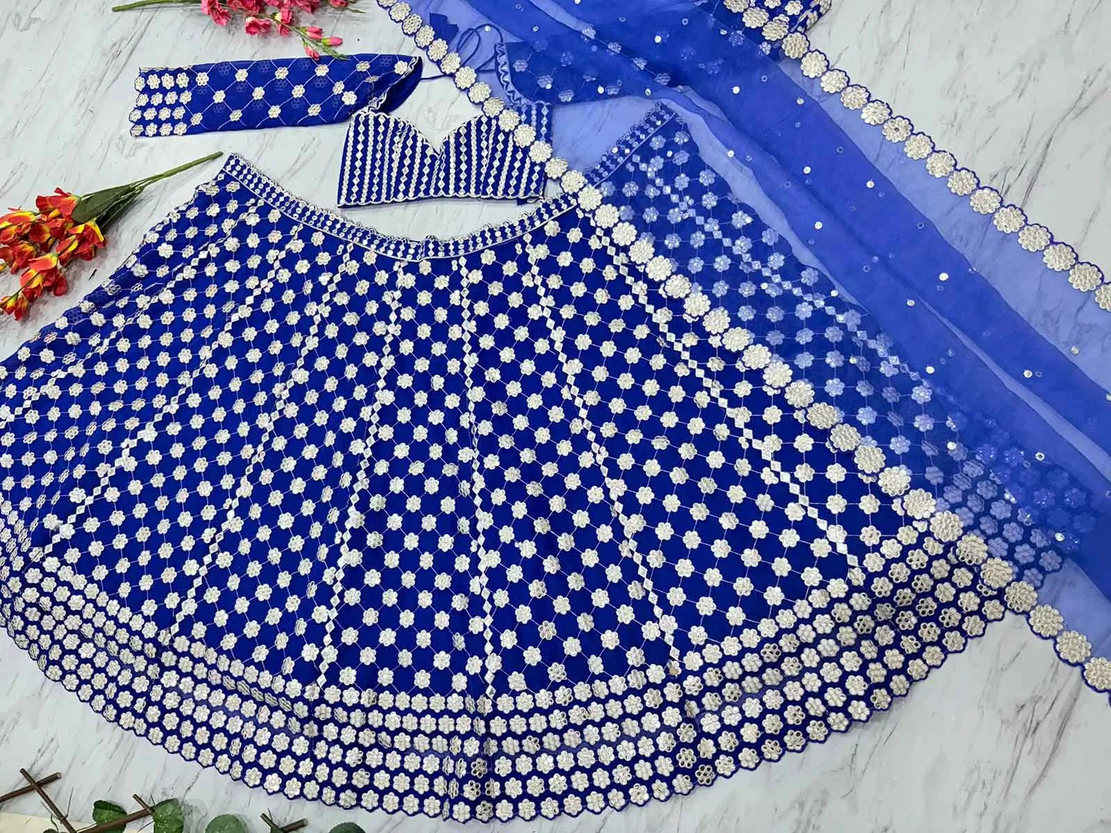 Royal Blue Coding And Heavy Foil Mirror Work Party Wear Lehenga - qivii