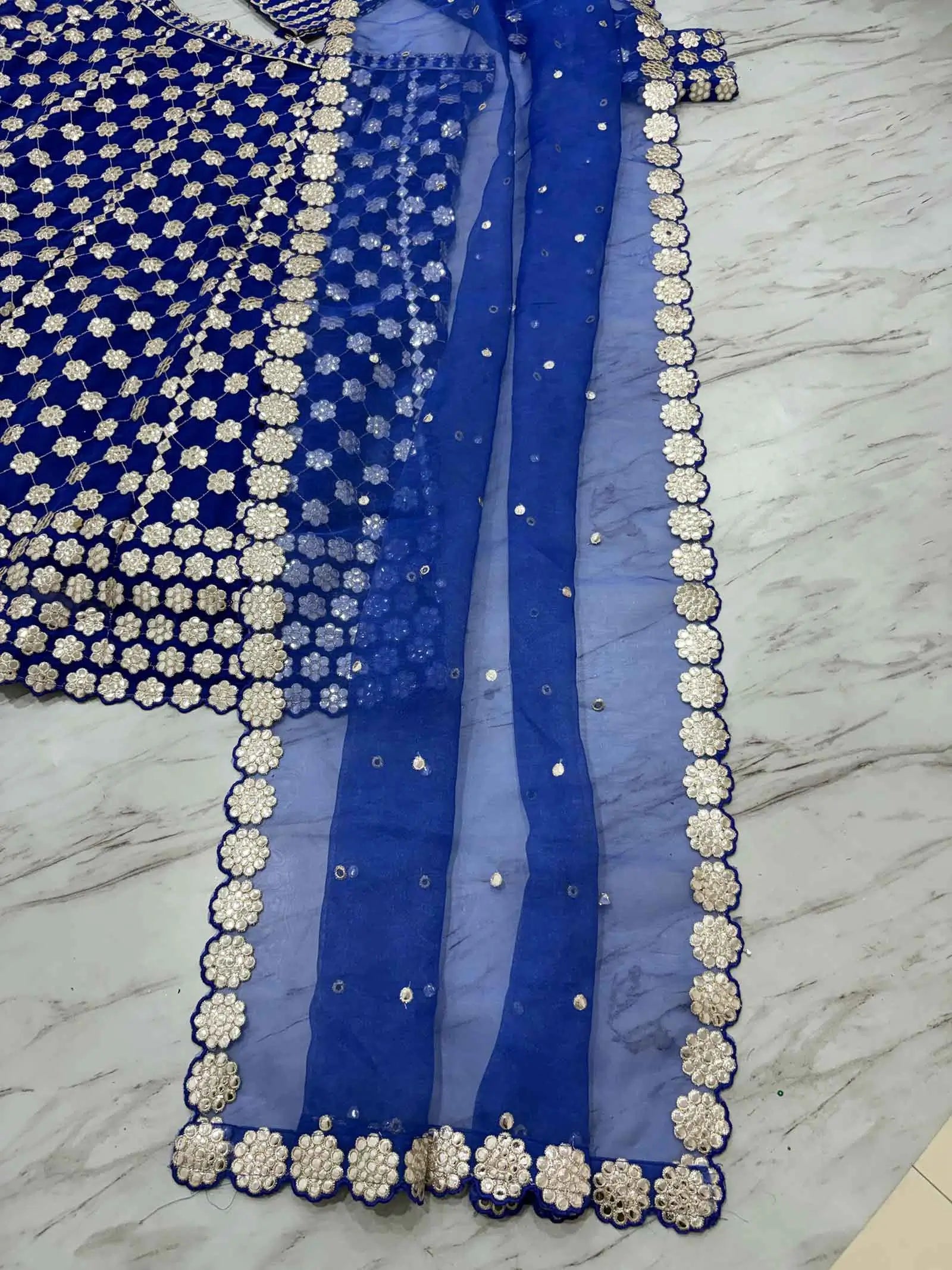 Royal Blue Coding And Heavy Foil Mirror Work Party Wear Lehenga - qivii