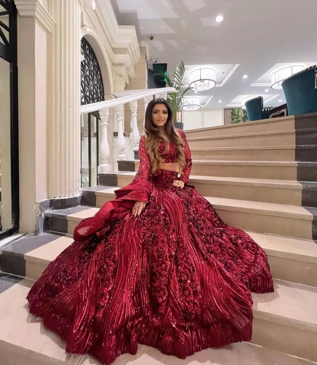 Maroon Red Dual Sequins Embroidery Work Premium Net Party Wear Lehenga - qivii