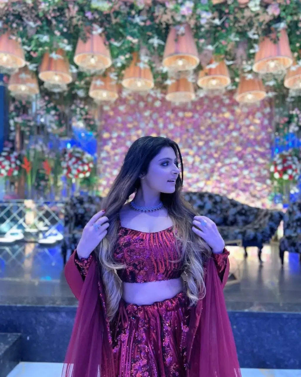 Maroon Red Dual Sequins Embroidery Work Premium Net Party Wear Lehenga - qivii