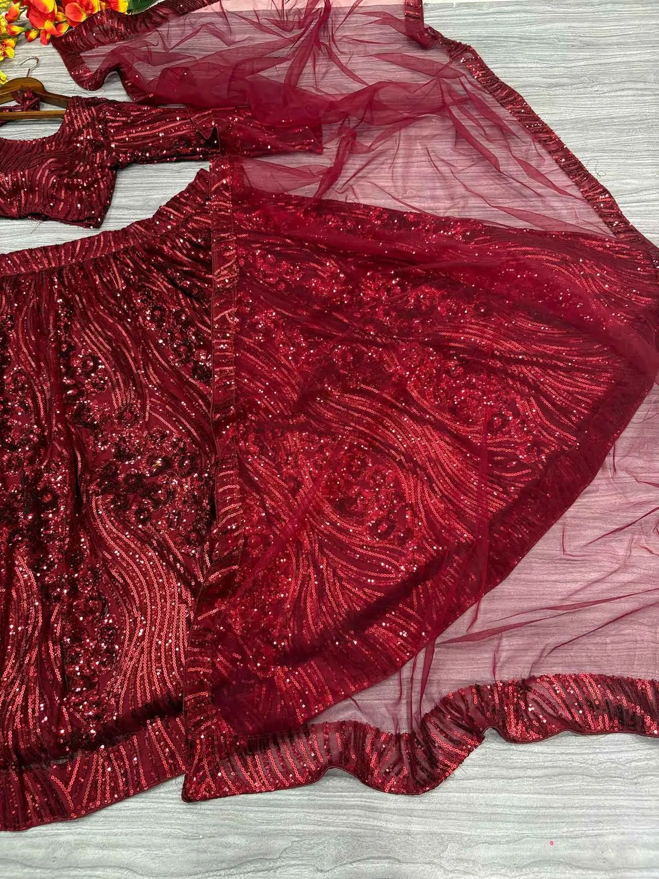 Maroon Red Dual Sequins Embroidery Work Premium Net Party Wear Lehenga - qivii