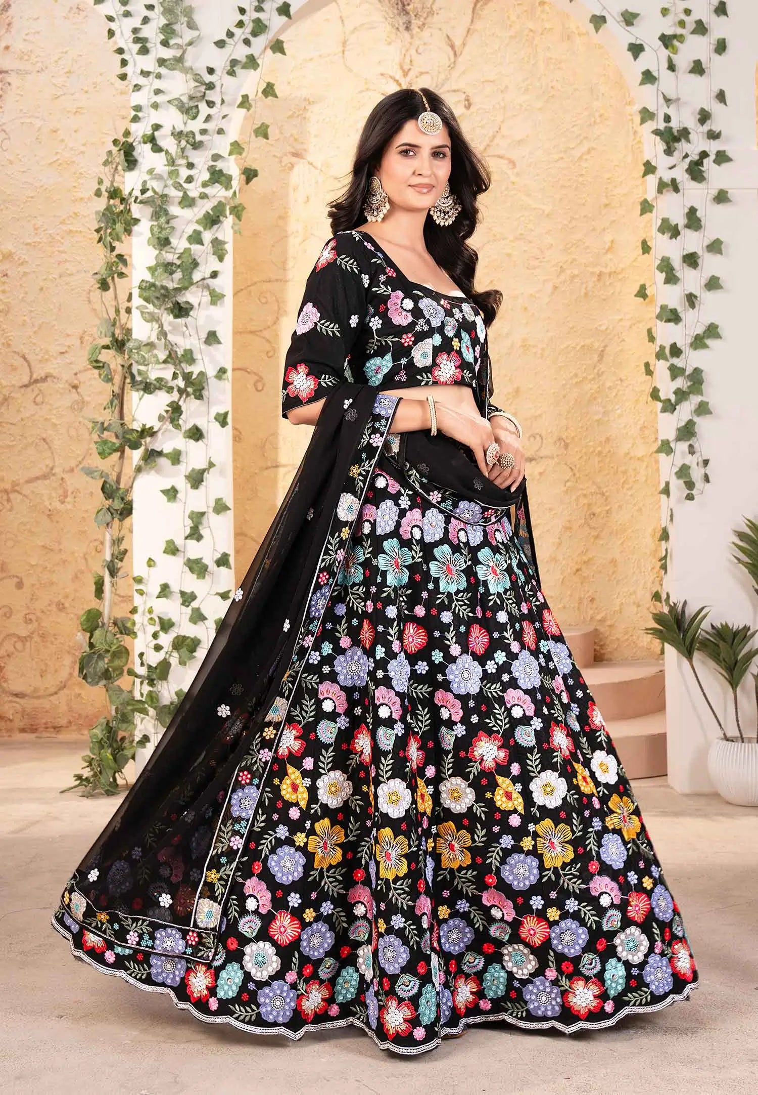 Black Georgette Multi Thread Sequins Floral Embroidery Work Lehenga - qivii