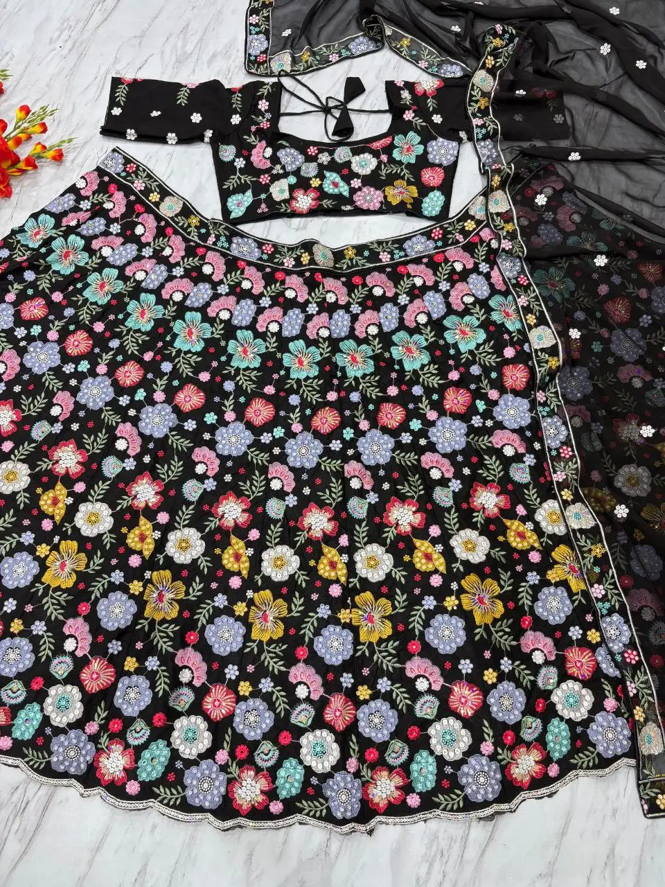 Black Georgette Multi Thread Sequins Floral Embroidery Work Lehenga - qivii