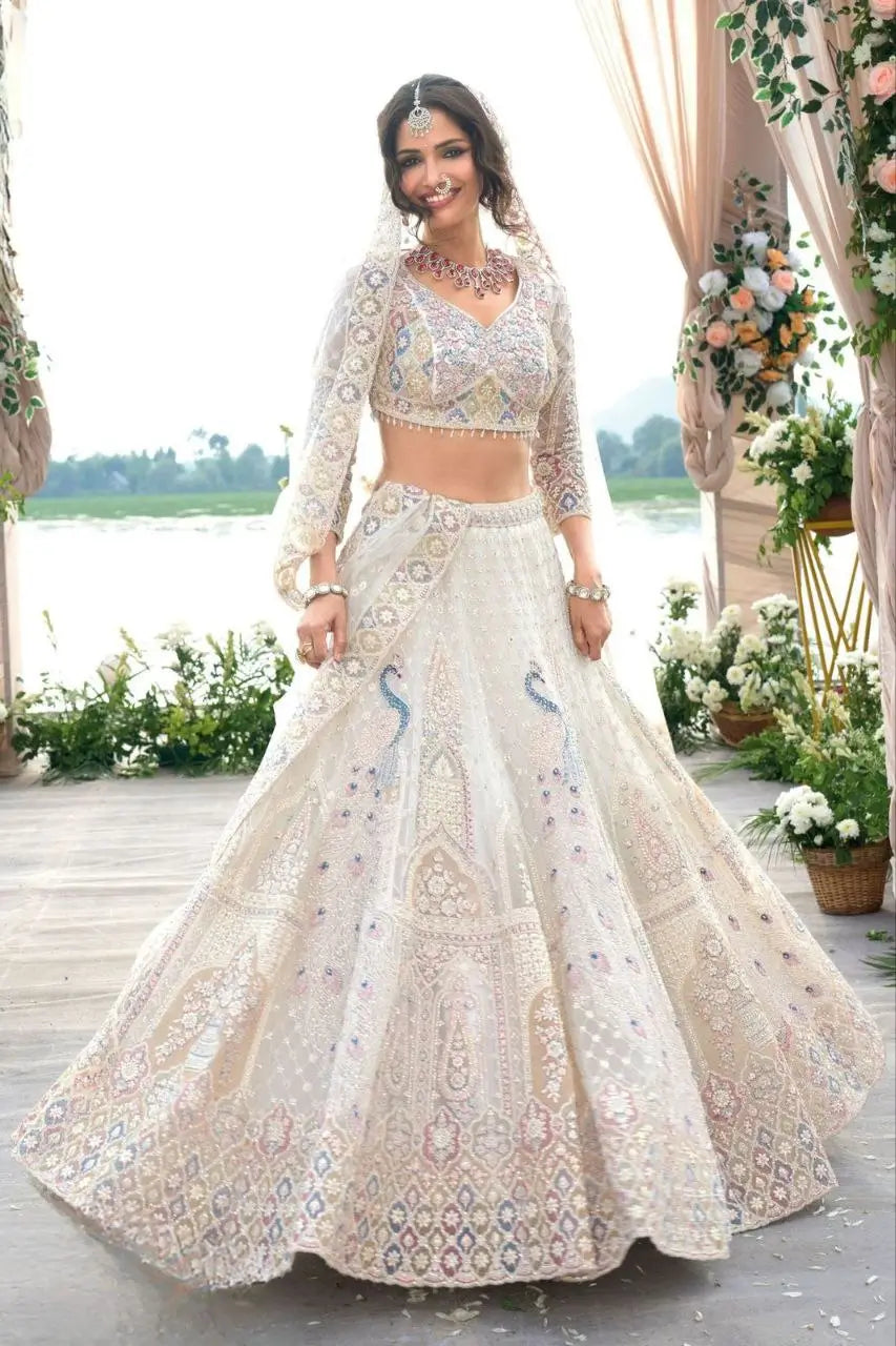 White Peacock Design Net Lehenga With Thread Coding Sequins Embroidery Work - qivii