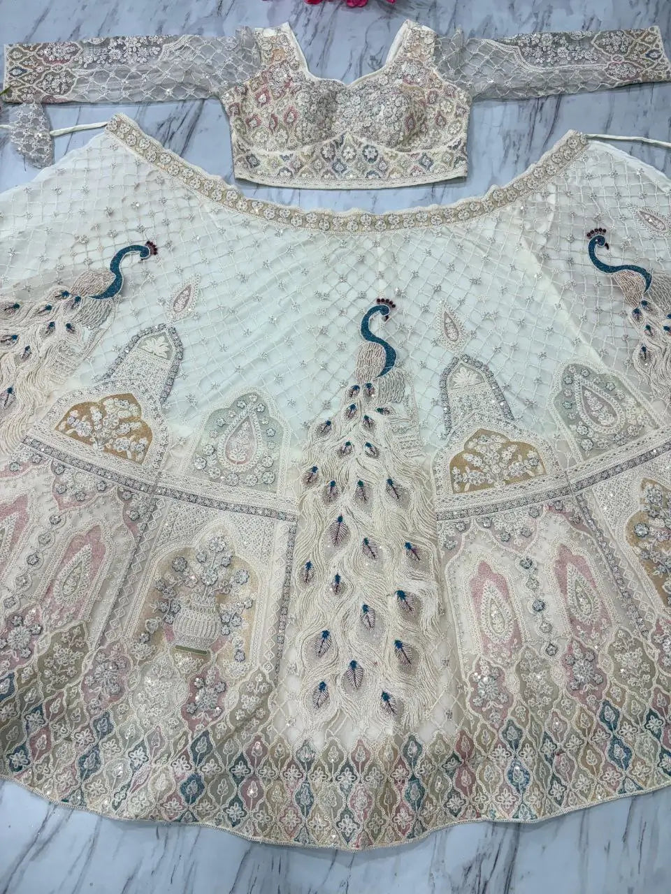 White Peacock Design Net Lehenga With Thread Coding Sequins Embroidery Work - qivii