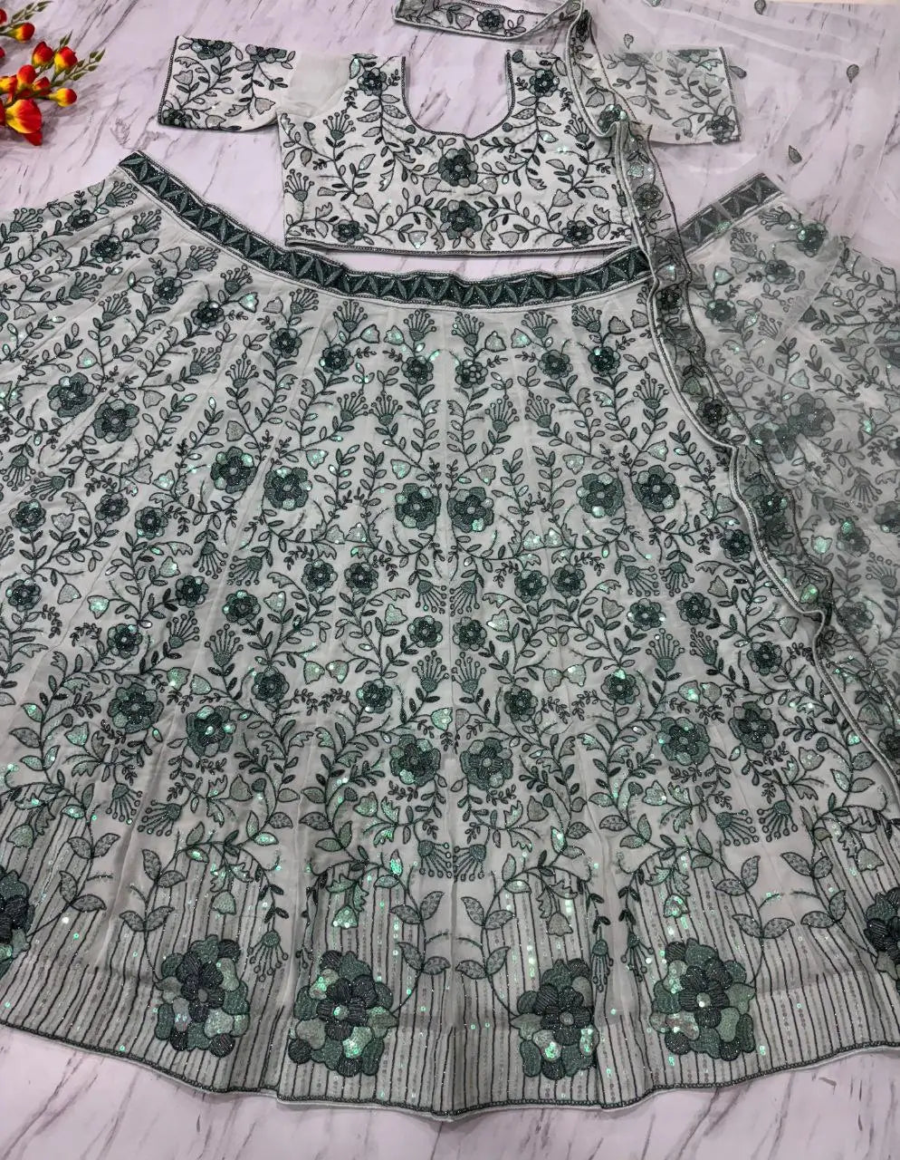 Light Green Georgette Lehenga With Thread Dori Heavy Sequins Embroidery Work - qivii