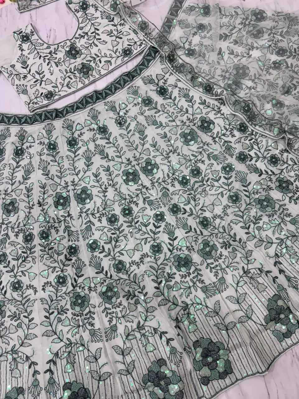 Light Green Georgette Lehenga With Thread Dori Heavy Sequins Embroidery Work - qivii