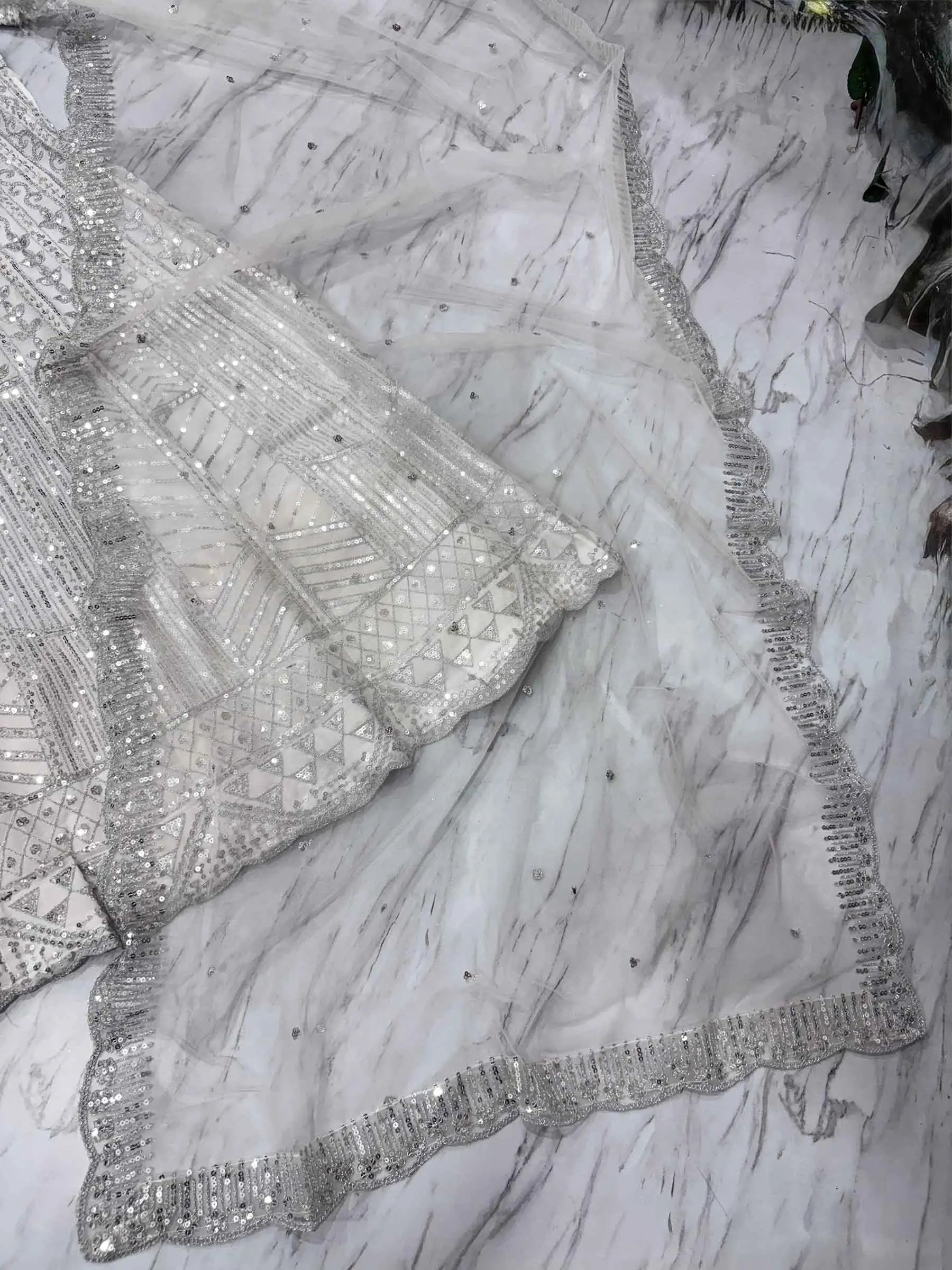 Ivory Thread Heavy Sequins Embroidery Work Chinon Silk Lehenga Choli - qivii