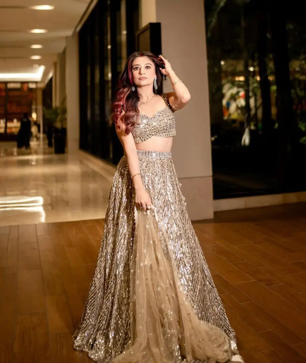 Golden Heavy Sequins Dori Embroidery Work Party Wear Lehenga Choli - qivii