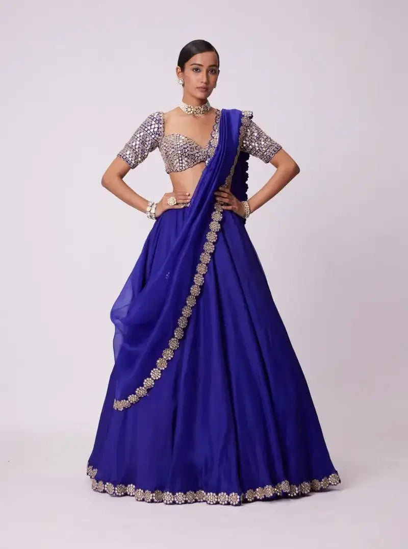 Royal Blue Beautiful Foil Mirror Work Faux Georgette Lehenga Choli - qivii