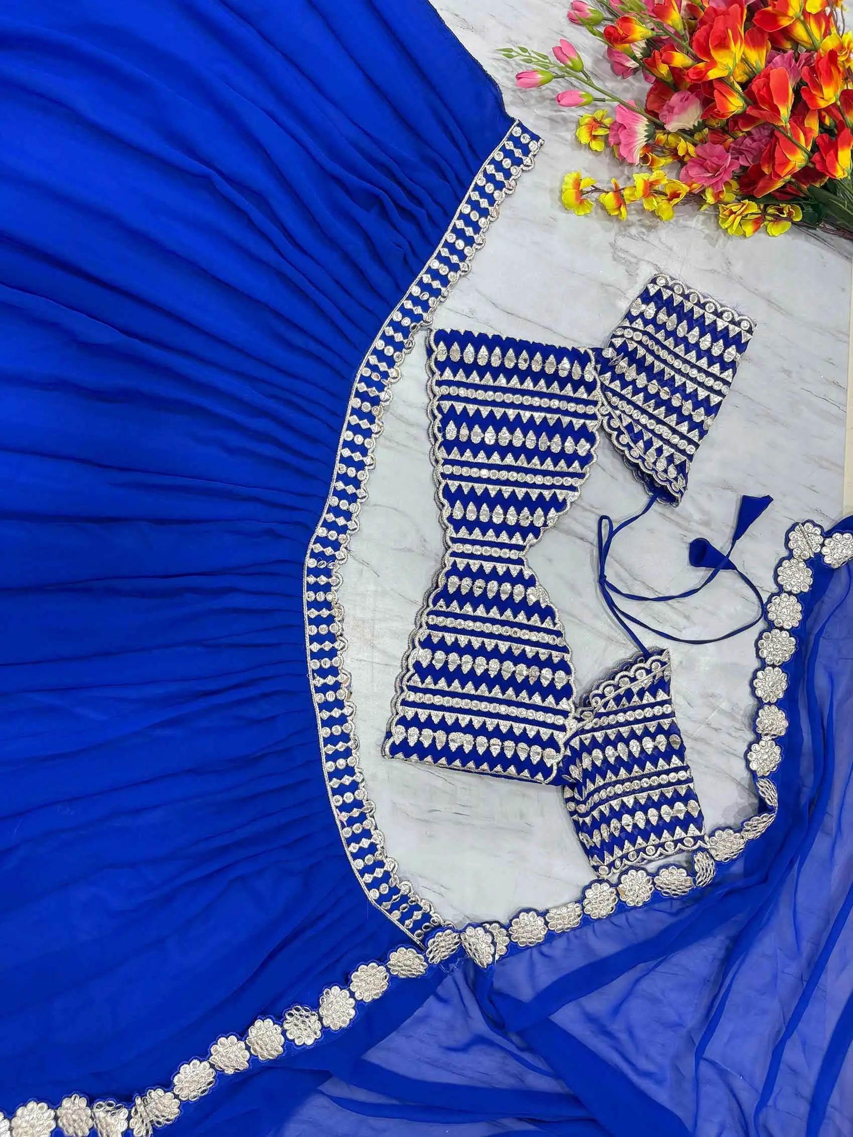 Royal Blue Beautiful Foil Mirror Work Faux Georgette Lehenga Choli - qivii