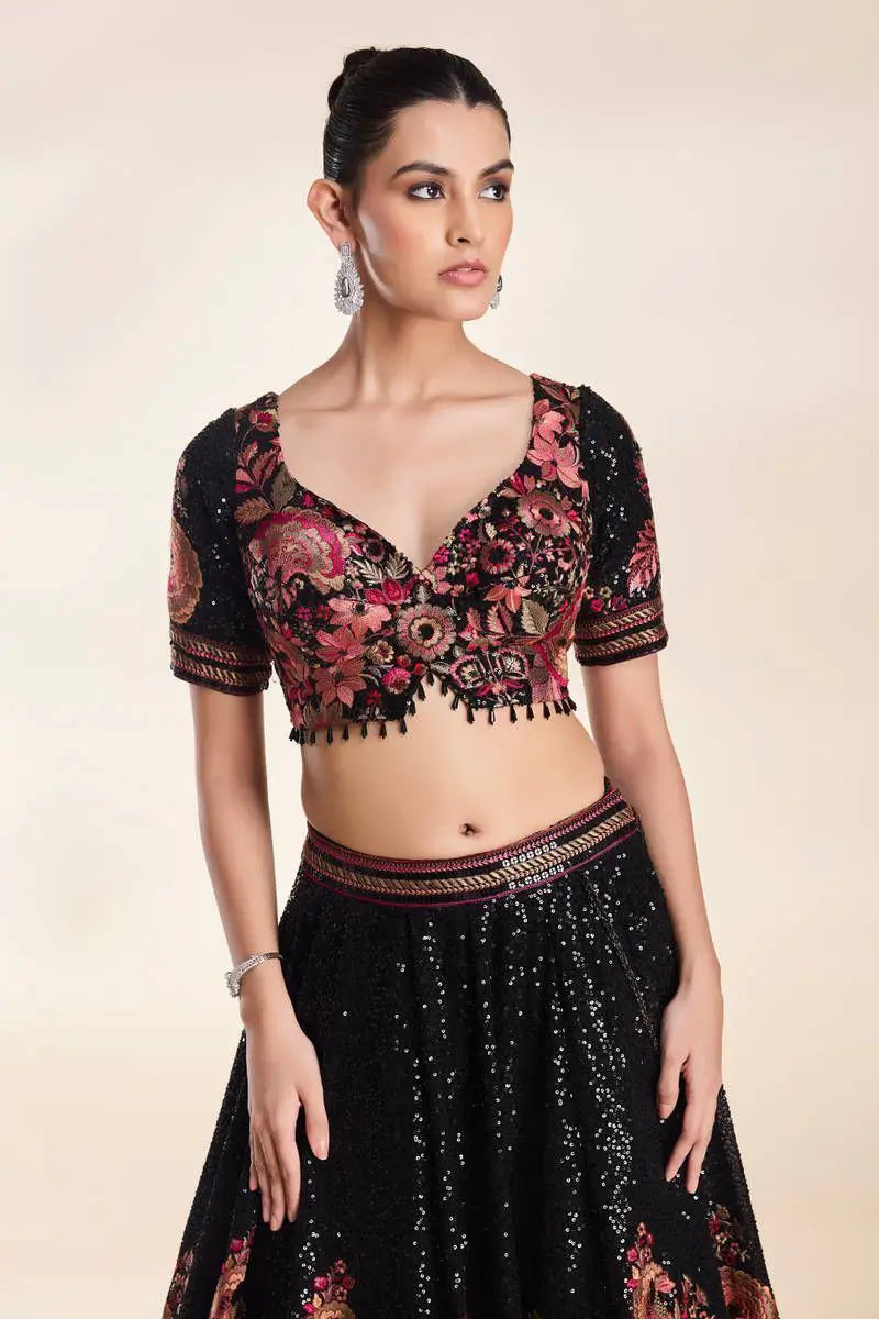 Black Georgette Lehenga With Multi Thread Flower And Sequins Work - qivii