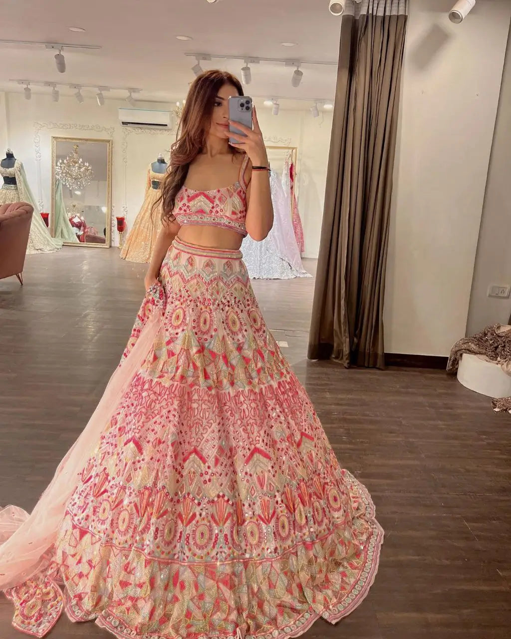 Baby Pink Sequins Thread And Foil Mirror Work Georgette Lehenga - qivii