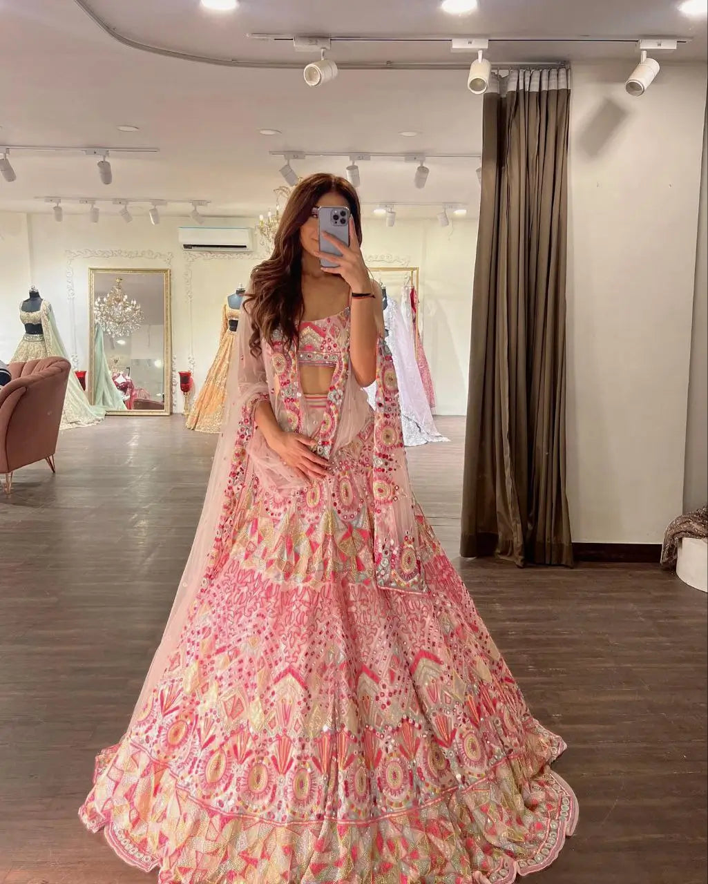 Baby Pink Sequins Thread And Foil Mirror Work Georgette Lehenga - qivii