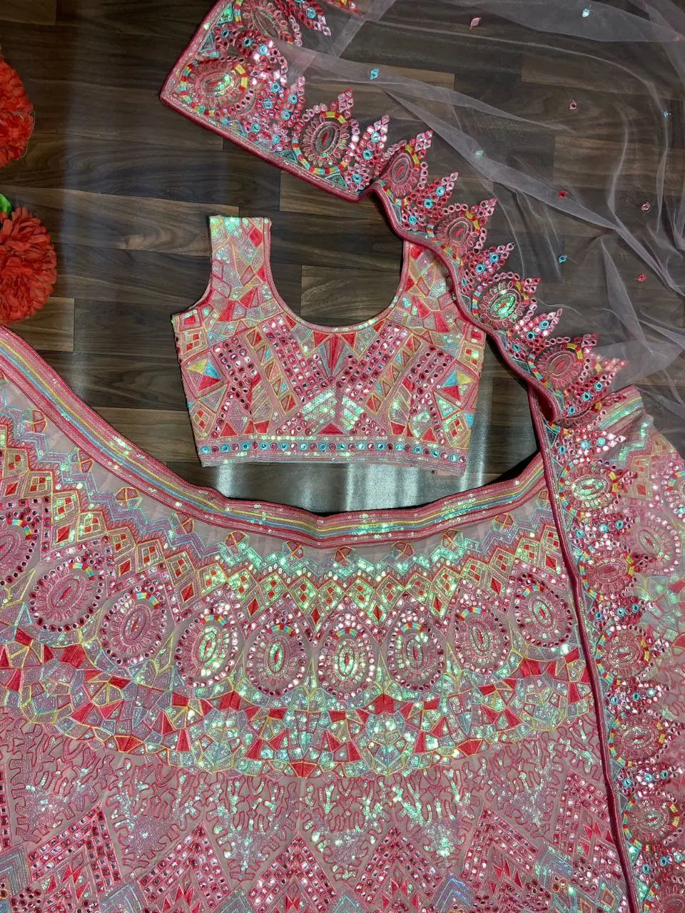 Baby Pink Sequins Thread And Foil Mirror Work Georgette Lehenga - qivii