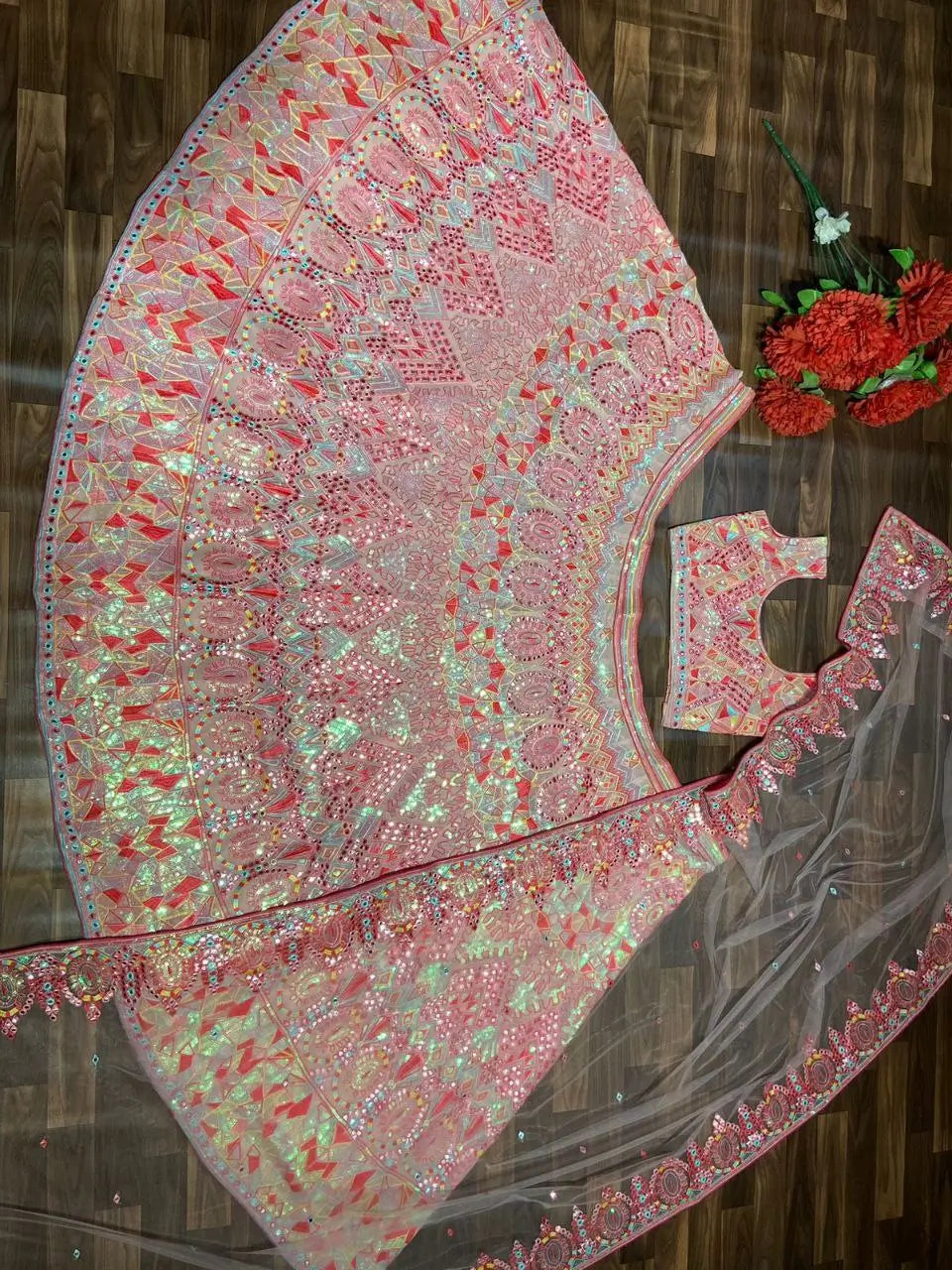 Baby Pink Sequins Thread And Foil Mirror Work Georgette Lehenga - qivii