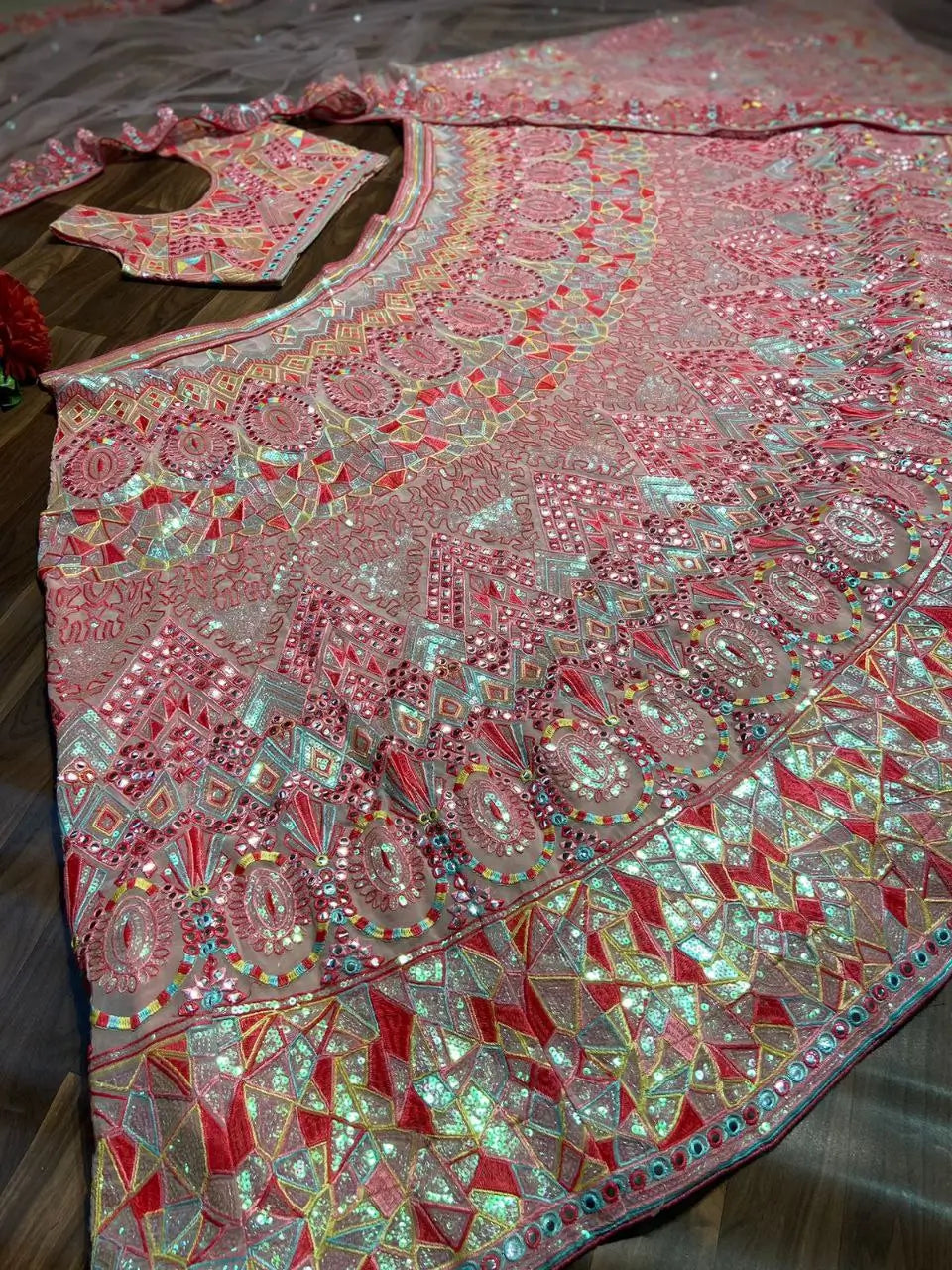Baby Pink Sequins Thread And Foil Mirror Work Georgette Lehenga - qivii