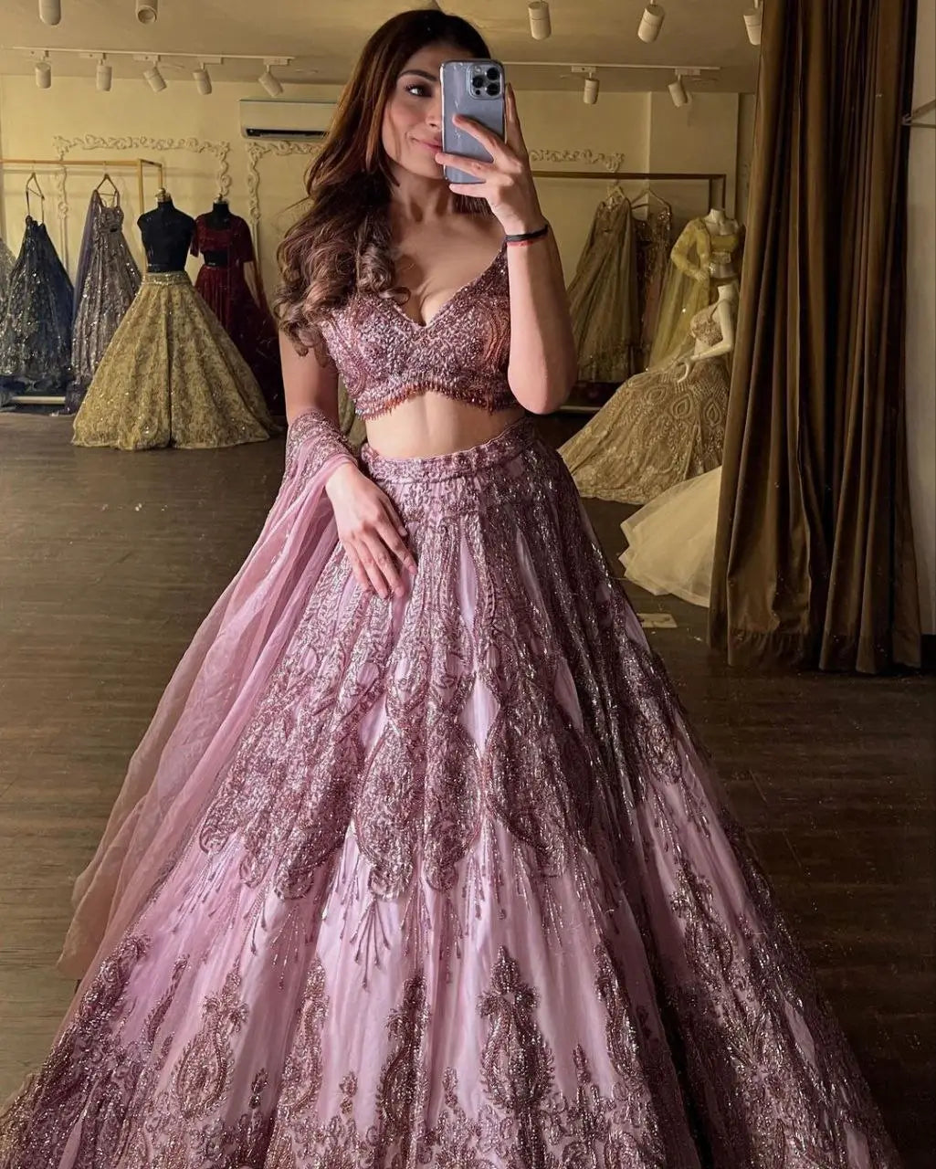 Mauve Pink Glitter Dori Embroidery Work Soft Net Party Wear Lehenga - qivii