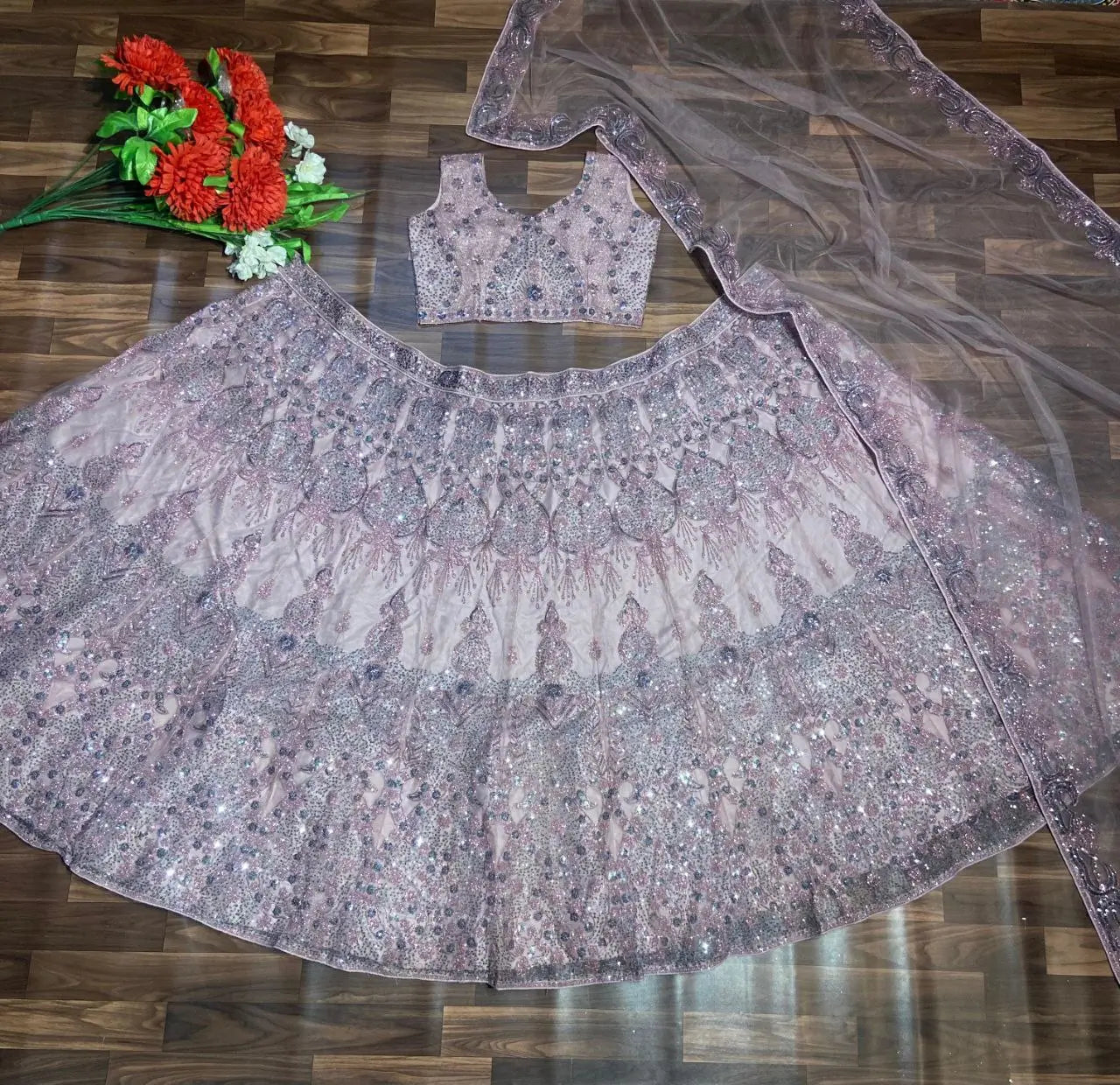 Mauve Pink Glitter Dori Embroidery Work Soft Net Party Wear Lehenga - qivii