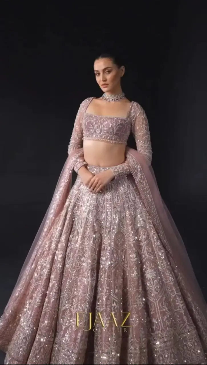 Rosy Brown Net Lehenga With Thread Embroidery Coding And Heavy Sequins Work | Ready To Wear - qivii