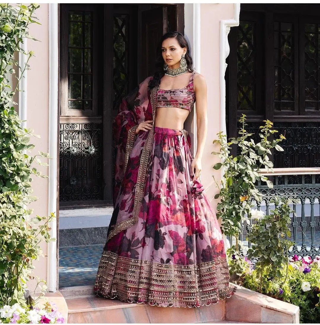 Soft Pink Floral Print With Zari Sequins Work Party Wear Lehenga - qivii